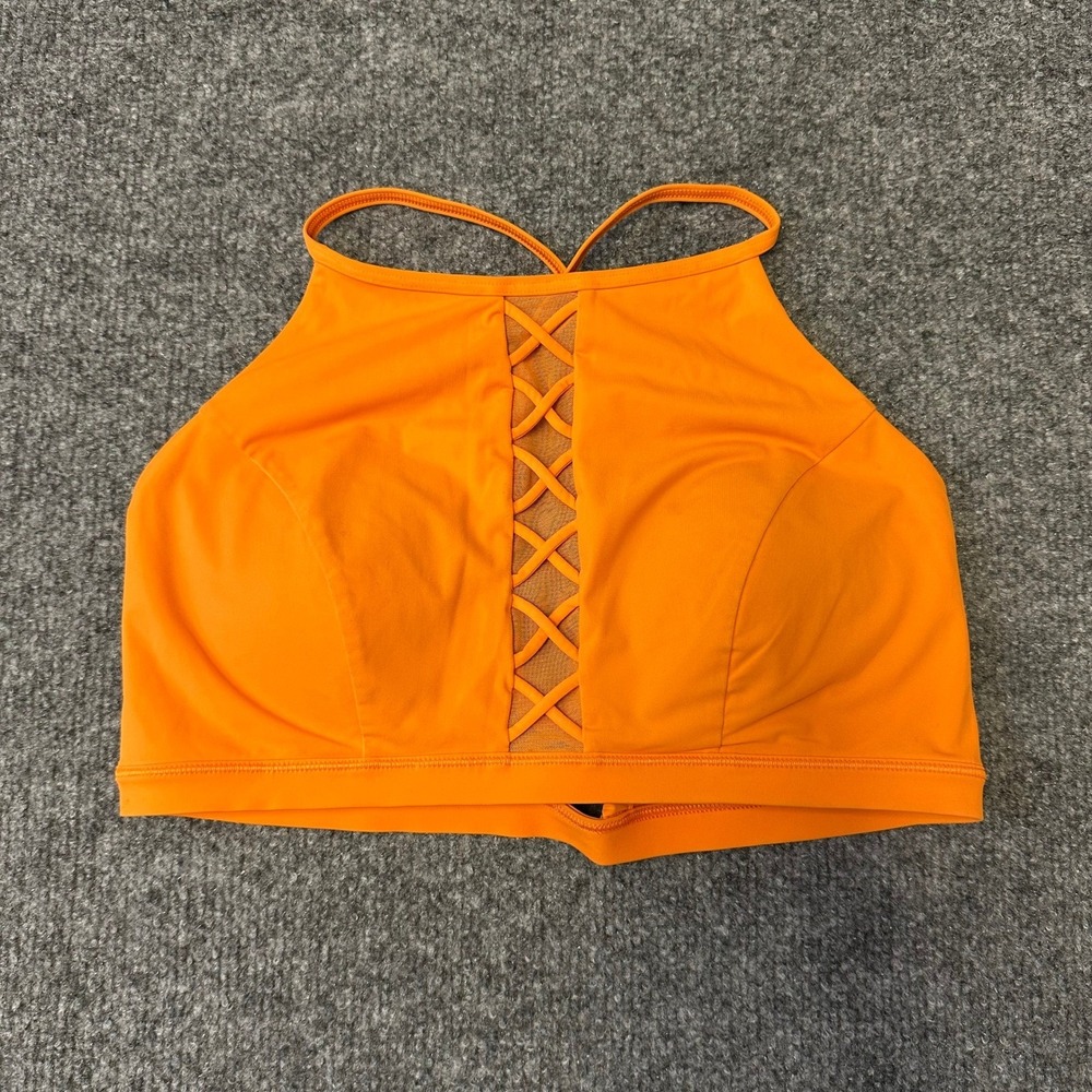 Lululemon Sports Bra Womens Size8 Orange Lace Up Mesh High Neck Strappy Yoga Top